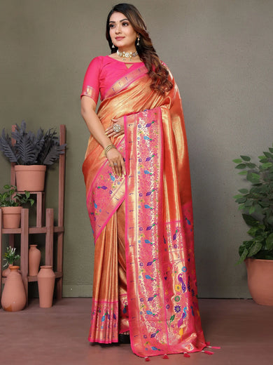 Captivating Orange Zari Weaving Banarasi Silk Saree With Blouse